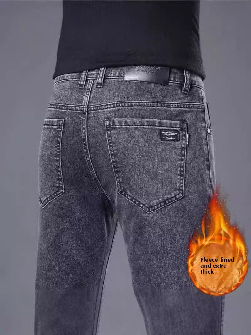Men's jeans with fleece lining and thickened fabric